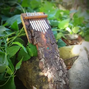 Kalimba Écorce 8 lames, création artistique unique en bois de poirier et écorce naturelle, confectionné à l’atelier O-Inspirations. Instrument unique au design organique et au timbre vivant.